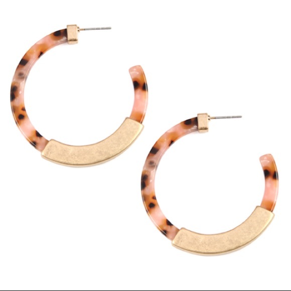Blush PINK HALF METAL CAST tortoise shell post HOOP EARRINGS - Picture 10 of 10